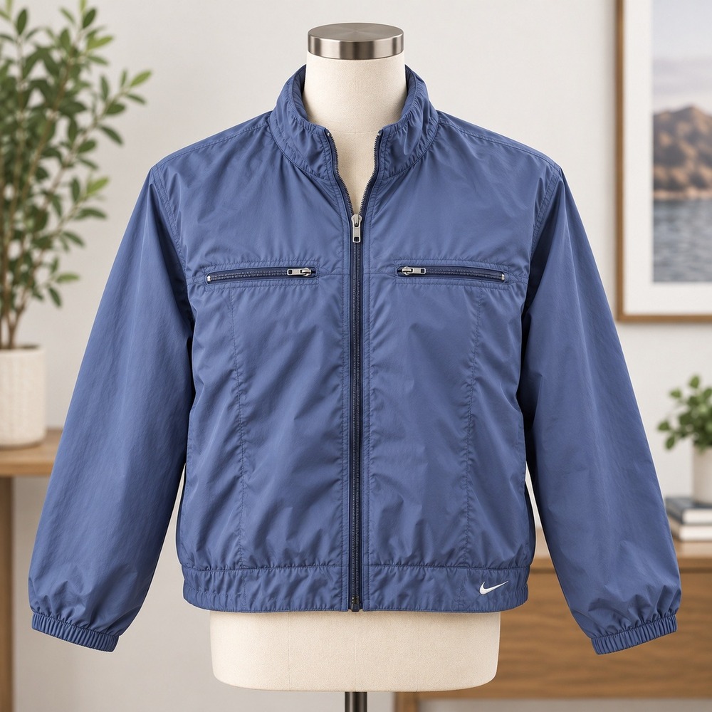Nike Windbreaker Jacket Boys Large 12-14 Navy Blue Full Zip Lined Swoosh Logo